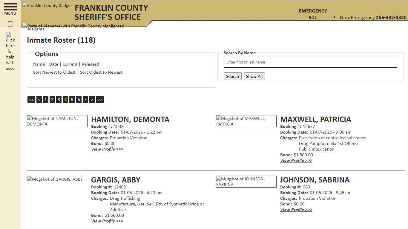 Inmate Roster - Page 4 Current Inmates Booking Date Descending - Franklin County AL Sheriff's Office